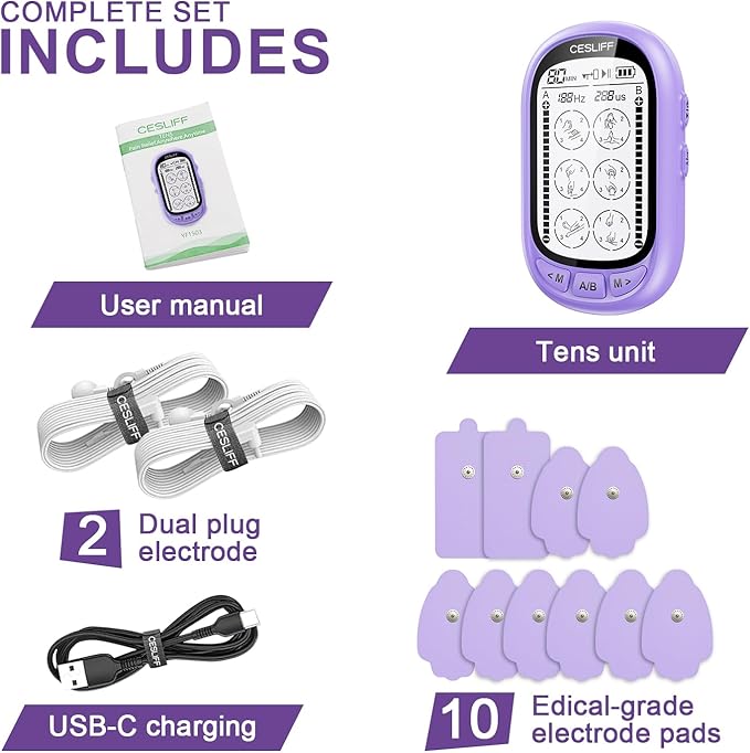 Dual Channel TENS EMS Unit TENS & PMS Unit (Model: YF1503) (Purple) CESLIFF