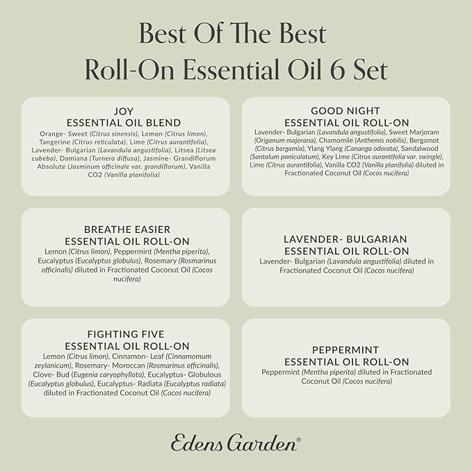 Edens Garden Essential Oils Best of the Best Roll-On 6 Set – 100% Pure Therapeutic Grade: Breathe Easier, Fighting Five, Good Night, Joy, Lavender & Peppermint Oil For Skin Care, 10 ml Roll-On/ 6 Pack - Bloomnest
