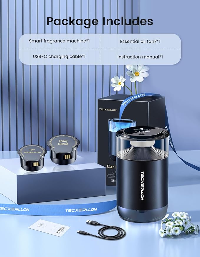 Smart Car Air Freshener, Car Diffuser with Mist Light & 2 Diffusers Oil Refills for 3200 Sprays, 3 Scent Modes, Auto On/Off, Long Lasting Car Air Freshener for Car, Home, Office, Bedroom - Bloomnest