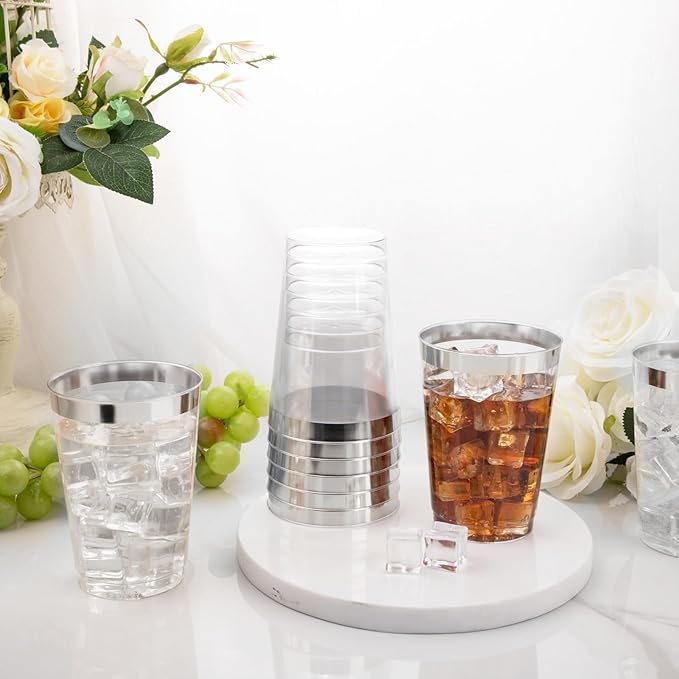 I00000 100 Pack 12 oz Silver Plastic Cups, Silver Rimmed Disposable Cups, Party Wine Glasses Cocktail Glasses Premium Cups with Silver Rim, 12 Ounce Plastic Tumblers For Party - Bloomnest
