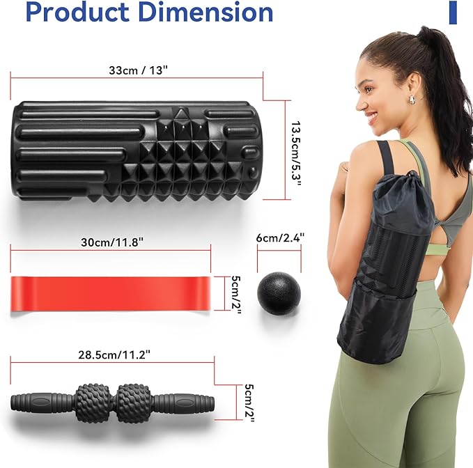 5 in 1 Foam Roller Set, High Density Foam Roller, Muscle Roller Stick, Massage Ball, Resistance Band for Physical Therapy & Deep Tissue Muscle Massage (Black) - Bloomnest