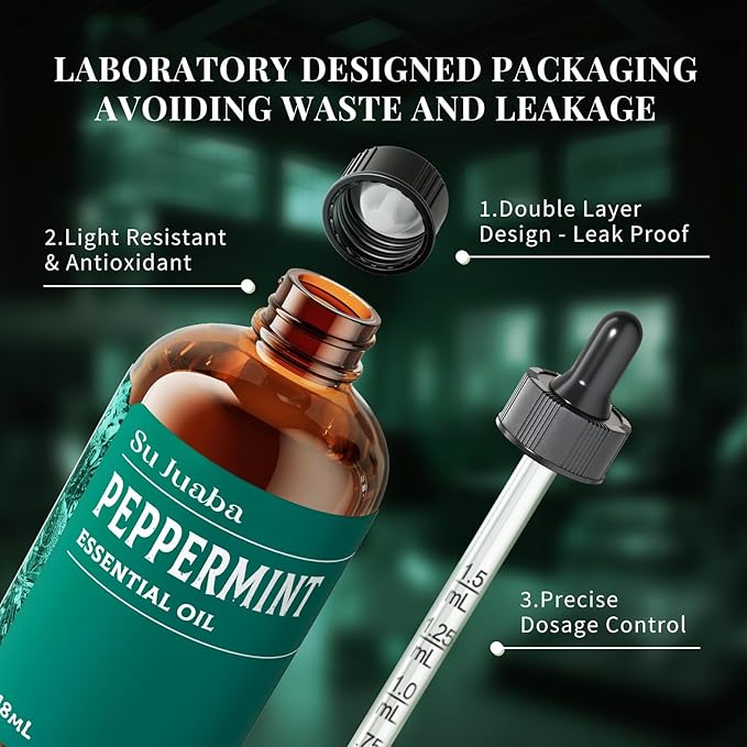 SU JUABA Peppermint Oil 4 Fl Oz, 100% Pure & Natural Aromatherapy Oil for Spray, Diffuser, Skin, Hair - 118ML