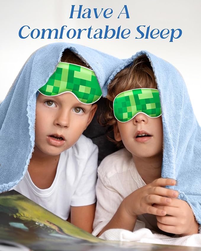 Sleep Mask for Kids - Cute Kawaii Cartoon Silk Sleeping Mask with Adjustable Strap Soft Smooth Light Eye Mask for Sleeping Silk Kids Eye Cover for Boys Girls Teens, Green Grid World - Bloomnest
