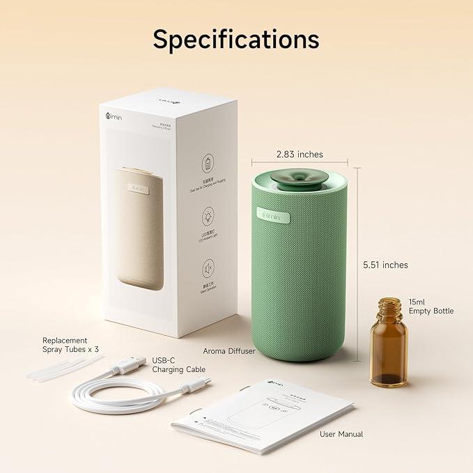 Waterless Cordless Essential Oil Aromatherapy Diffuser - Dual Home/Car Mode with Auto Start-Stop, Strong/Light Scent Adjustment, Air Freshener for Office, Car, Compatible with 5/10/15ml Bottles - Bloomnest