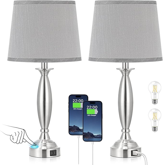Bedrooms Touch Control Bedside Lamp with USB C+A, 3 Way Dimmable Nightstand Lamps with USB Port, Brushed Nickel Table Lamp for Living Room Guest Room Bed Side End Table, Set of 2 - Bloomnest