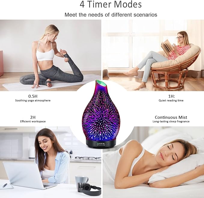 Essential Oil Diffuser 120ML -3D Firework Glass Aromatherapy Diffusers for Essential Oils with 4 Timer Setting Auto Shut-Off Silent Operation 7 Colors Lights Changing for Room, Office, Yoga - Bloomnest