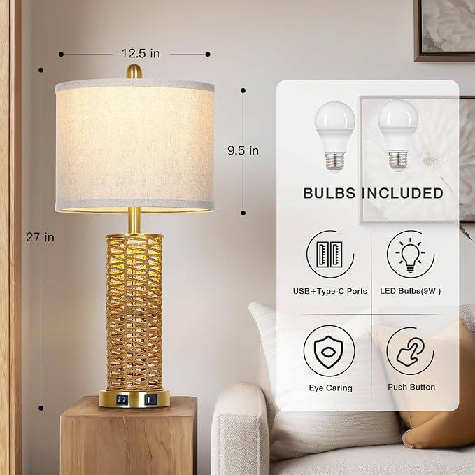 27" Natural Rattan Table Lamps Set of 2, Boho Bedside Lamp for Bedroom with Night Light, Woven Wicker Nightstand Lamps with 2 USB Ports & AC Outlet, Tall Farmhouse Living Room Lamp, Gold - Bloomnest