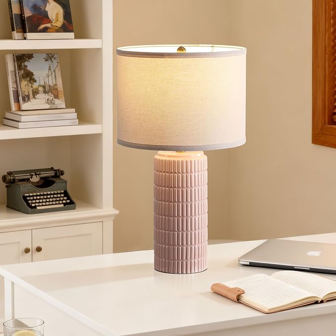 Modern Ceramic Table Lamp Set of 2, Bedside Lamp for Bedroom Decor, Nightstand Lamp with 3 Color Temperatures, Desk Light for Living Room Dorm Office, Pink - Bloomnest