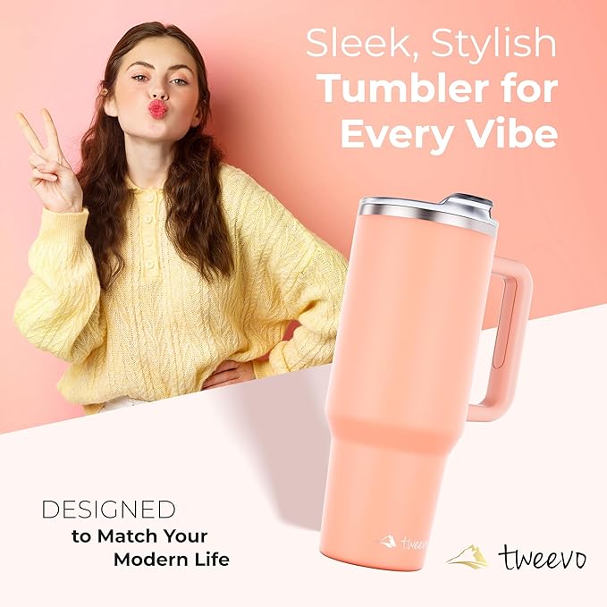 40 oz Tumbler With Handle and Straw Made of Stainless Steel - Double Wall Vacuum Insulated Tumbler With Lid - Sweat Proof Easy Grip, BPA-Free, Dishwasher Safe Tumbler (Peach) - Bloomnest