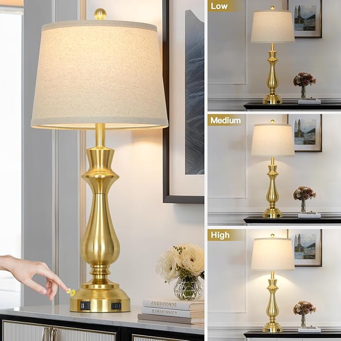 Modern Gold Table Lamps Set of 2 for Living Room,30" Tall Bedside Lamp with USB Charging Port,3-Way Dimmable Touch Nightstand Lamp for Bedroom Desk Side Table Office,Gold - Bloomnest