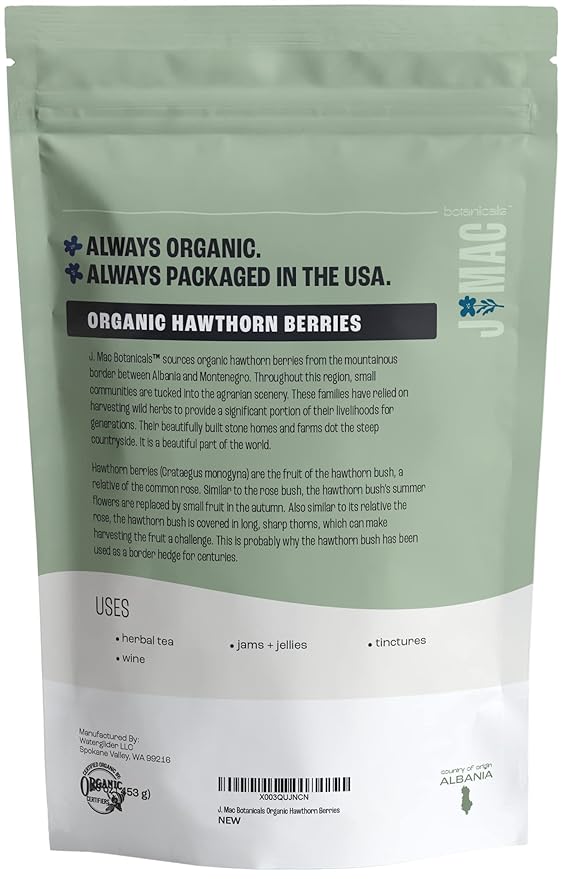 J Mac Botanicals, Organic Dried Hawthorn Berries Whole (16 oz) Hawthorn berry from Eastern Europe, certified Organic hawthorn berry tea, Hawthorne berries bulk resealable bag, Dried Hawthorn berries - Bloomnest