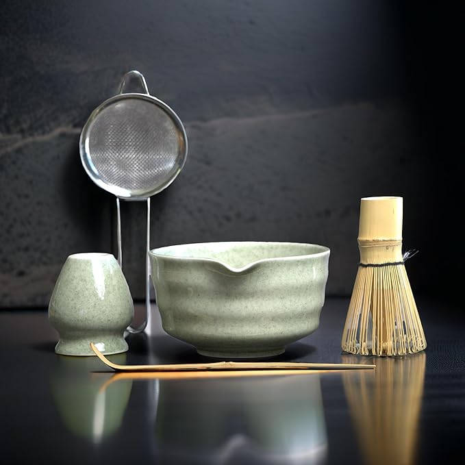 Matcha Whisk Set, Matcha Set, Handcrafted Bamboo Chasen & Ceramic Bowl Matcha Kit, 5 Pcs Matcha Set Whisk and Bowl with Stainless Steel Sifter, Tea Ceremony, Jade - Bloomnest
