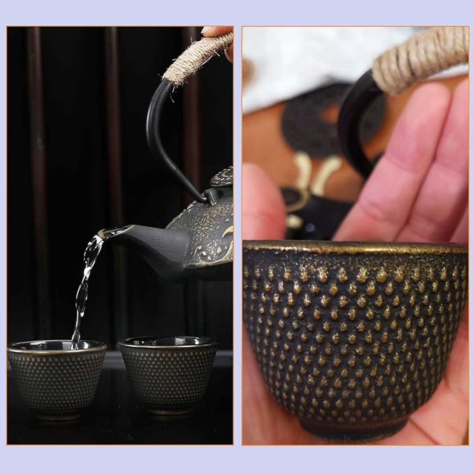 Cast Iron Teapot Set with Gift Pakckage, Koi Fish Tea Pot, Japanese Style Tetsubin Tea Gift Set, 4 Cups, Trivet and Lid Holder (koi fish)