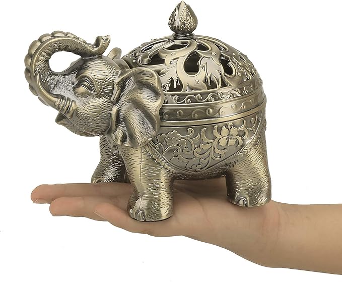 K COOL Metal Backflow Incense Holder Elephant Cone Coil Incense Burner Ash Catcher with Lid, Aromatherapy Ornament Home Office Decoration for Indoor Outdoor (Bronze) - Bloomnest
