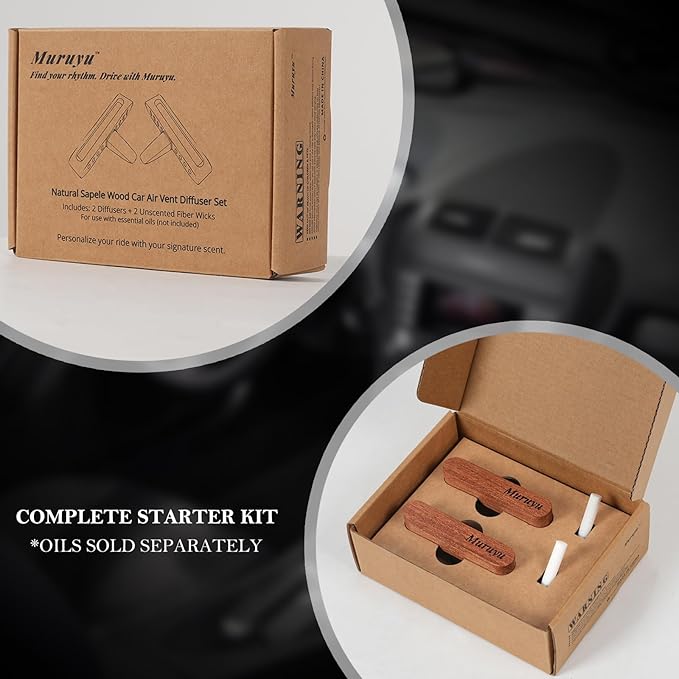 2-Pack Car Diffuser, Natural Sapele Wood Air Freshener Vent Clip for Essential Oils, Refillable Solid Wood Design (No Essential Oils) - Bloomnest
