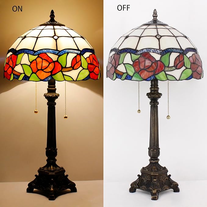 Tiffany Lamp Rose Flower Style Stained Glass Table Lamp Desk Reading Light 12X12X21 Inches with Resin Base Decor Bedroom Living Room - Bloomnest