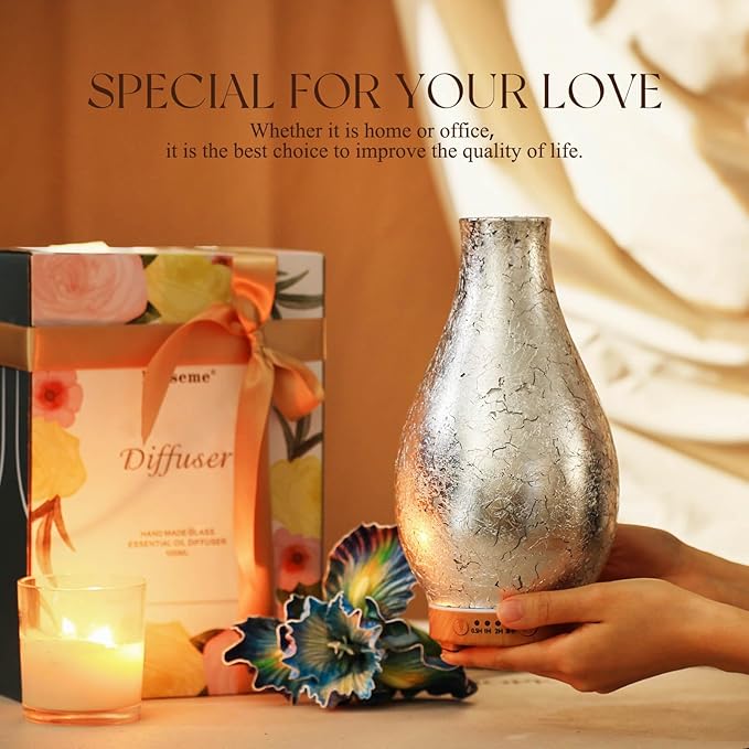 Porseme 100ml Silver-Plated Volcano Essential Oil Diffuser 3D Glass - Elegant and Effective Aromatherapy with 7 Color Changing LEDs and Waterless Auto-Off BPA Free for Home Yoga Leisure SPA Gift Porseme