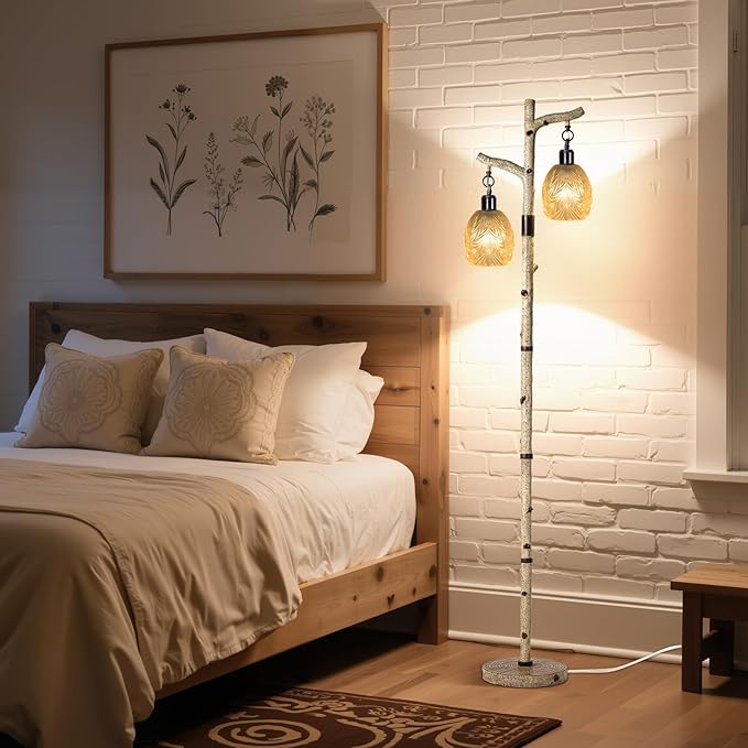 Scenekoy Retro 68.5” Tall Floor Lamp With Carving Shade, Farmhouse Resin Standing Lamp & Faux Birch Tree Finish, Dimmable Corner Lamp Stand Up Light with Bulb Prefer for Living Room Bedroom Home Decor - Bloomnest
