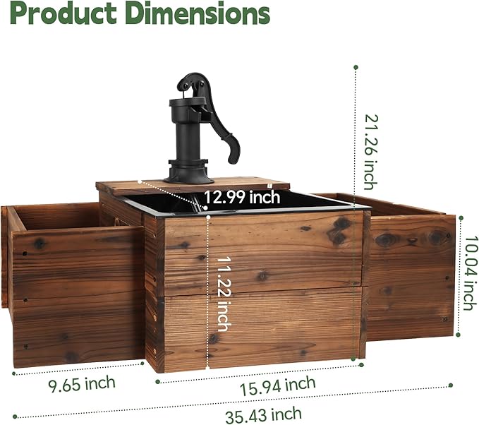 Outdoor Water Fountain,Floor Wooden Rectangular Pump Old-Fashioned Fountain with Flower Box,Electric Decorative Hand Pump, Outdoor Water Feature for Garden Patio Backyard - Bloomnest