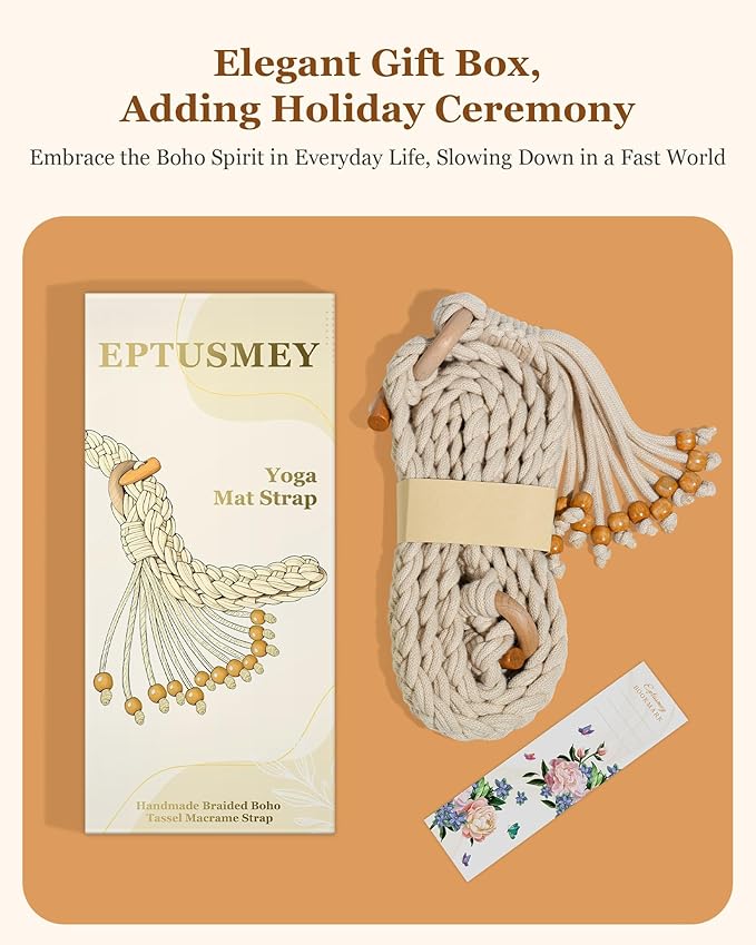 Yoga Mat Straps for Carrying, Handmade Braided Boho Bead Tassel Macrame Strap, Adjustable Thick Yoga Mat Carrier/Holder/Organizing, Stretching Band, Gifts for Women (Mat Not Included)