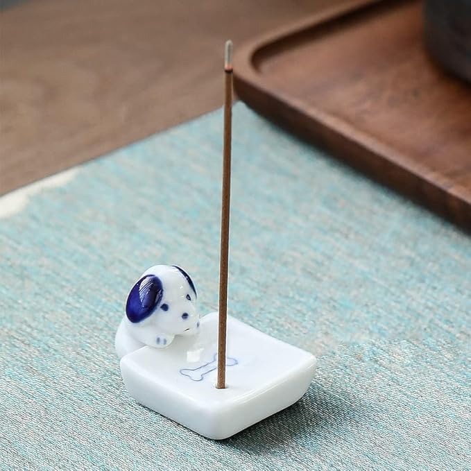 Set of 2, Japanese Mini Cute Kitty Cat with Dog Handmade White Ceramic Incense Stick Holder or Incense Burner Holder, Inscent Tray for Home Decor Yoga Spa Meditation, 1.42 inches - Bloomnest