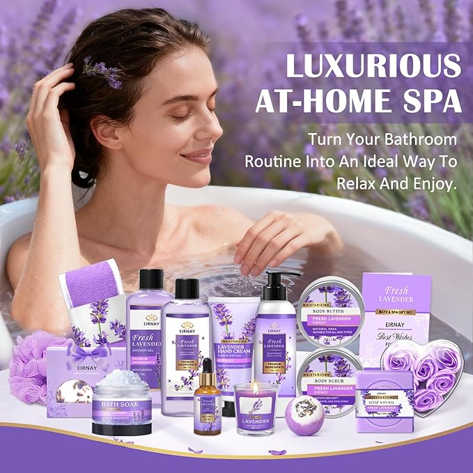 Gift for Women, Spa Gift Baskets for Women - 17pcs Lavender Sets with Body Lotion, Bubble Bath, Relaxing Bath Sets, Birthday Christmas Gifts for Her, Spa Kit for Mom Wife Sister Friend - Bloomnest