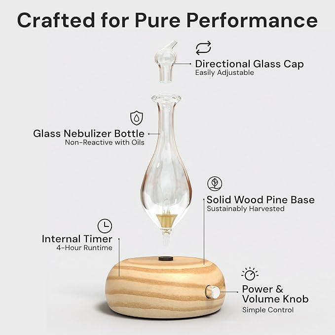 ArOmis Premium Glass Essential Oils Nebulizer - Waterless Diffuser for Aromatherapy - Handmade Oil Diffuser, Wooden Base, No Plastic, No Heat, No Battery, No LEDs - Orbis Lux Merus ArOmis