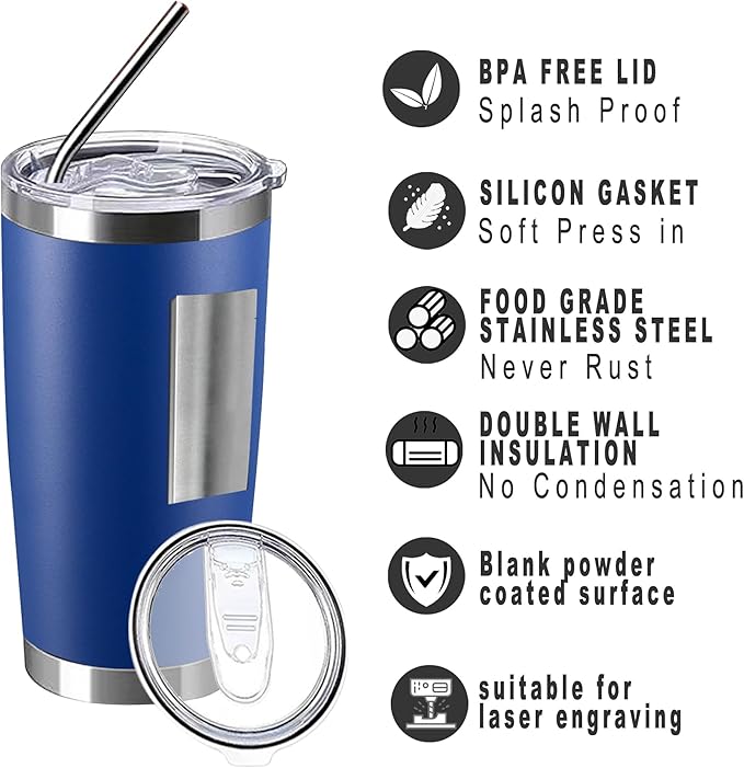 20oz insulted tumblers stainless steel cup Tumbler Bulk with push Lid, and metal straw powder coated coffee cup for cold and hot drinking (48, dark blue) - Bloomnest