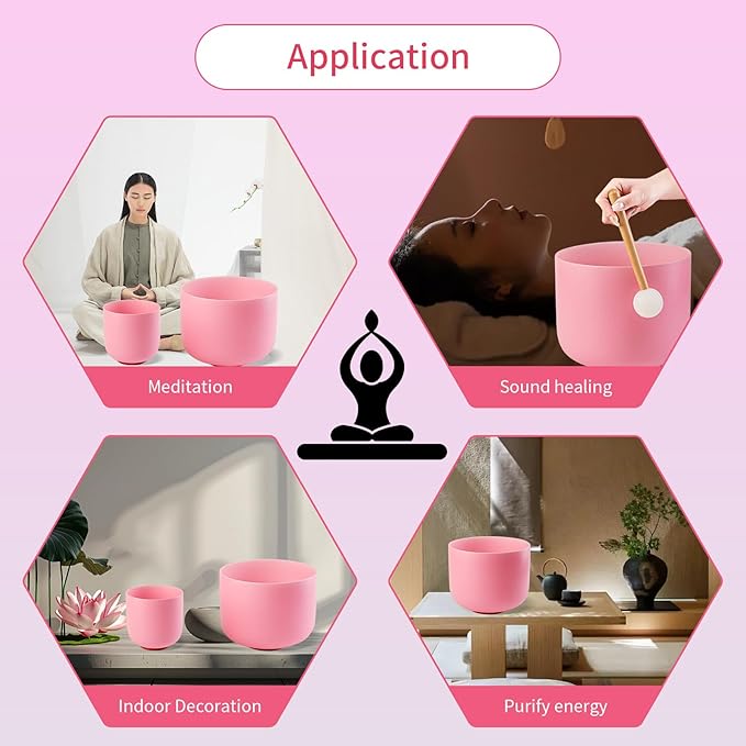 432HZ 6-12 Inch Pink Color Frosted Quartz Crystal Singing Bowls Chakra Set of 7 with Carry Case Bags for Sound Healing and Meditation