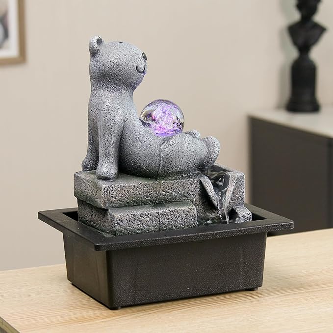 Cascading Rock Tabletop Fountain, Cute Indoor Waterfall Fountain with Colored LED Lights and Rolling Ball, 3 Tiered Desktop Fountain for Office Home Bedroom (Bear) - Bloomnest