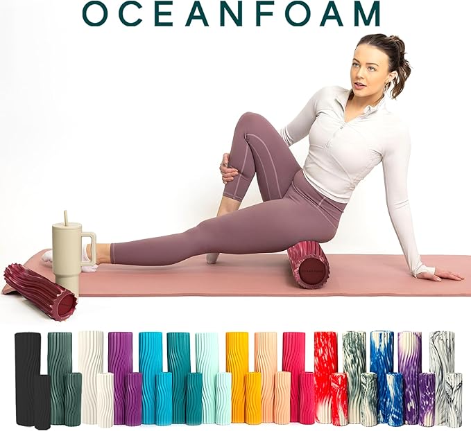 Oceanfoam Tidal Roller - Maroon, Blush & Hot Pink Marbled - Muscle Massage Foam Roller for Back Pain & Stretching - Firm & Ergonomic Wide Wave Textured - Yoga & Athletics - Full Size, 20" x 5" - Bloomnest