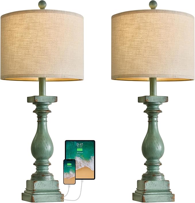 BOBOMOMO 27" Farmhouse Table Lamp Set of 2 with USB A+C for Bedroom Living Room Vintage Rustic Traditional Nightstand Bedside Lamps Retro Side Table Lamps (Green) - Bloomnest