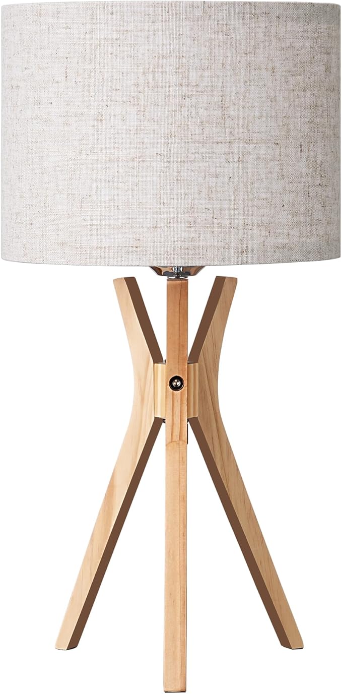 EDISHINE Tripod Table Lamp, 17.5" Modern Bedside Lamp with Natural Wood-Colored Lamp Legs & Beige Linen Lampshade, Boho Nightstand Lamp for Bedroom, Living Room, Reading Room, E26 Base - Bloomnest