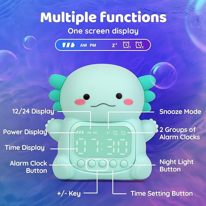 Axolotl Alarm Clock with Night Light for Kids, Rechargeable Silicone Lamp Time to Wake Clock Cute Animal Tabletop Lamp, Perfect Sleep Companion for Boys Girls, Green - Bloomnest
