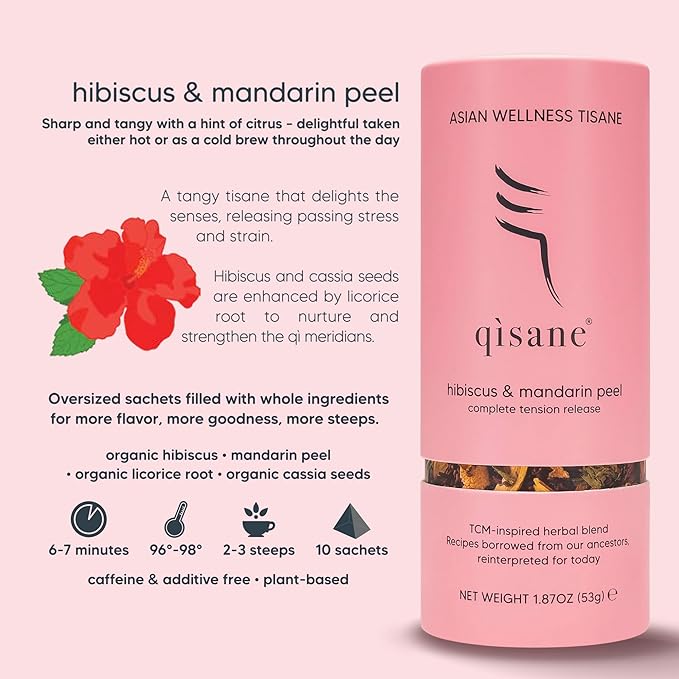 qìsane Organic Hibiscus Tea Bags with Mandarin Peel - Loose Leaf Hibiscus Tea, Organic Licorice Root, Cassia Seeds - Tangy Citrus Flavor to Help Support Strain and Tension - 10 sachets (~30 cups) - Bloomnest