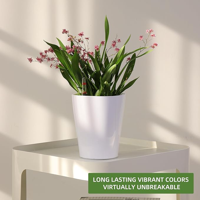 Dexceder 6x7 Self Watering Planter Indoor Outdoor, High Gloss Table Flower Plant Pot with Water Level Indicator (White) - Bloomnest