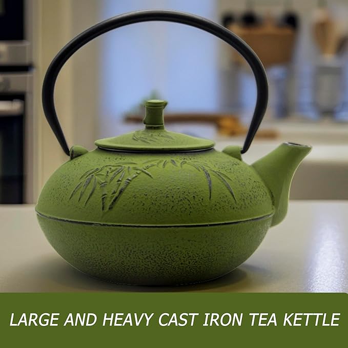 84.6oz/2500ml Large and Heavy Cast Iron Tea Kettle for 5 to 8 Cups, Teapot with Stainless Steel Infuser, Cast Iron Tea Pot for Stovetop Safe (2500ml Green Teapot with Bamboo Pattern) - Bloomnest
