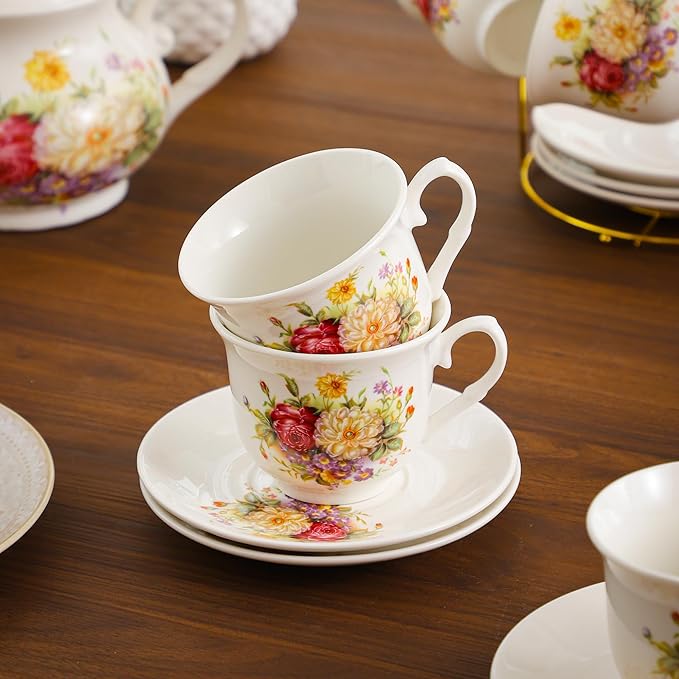 20-Pieces Porcelain Tea Sets For Women, Tea Set For Adult with Golden Metal Rack,Tea Gift Sets for Home&Party(012) - Bloomnest