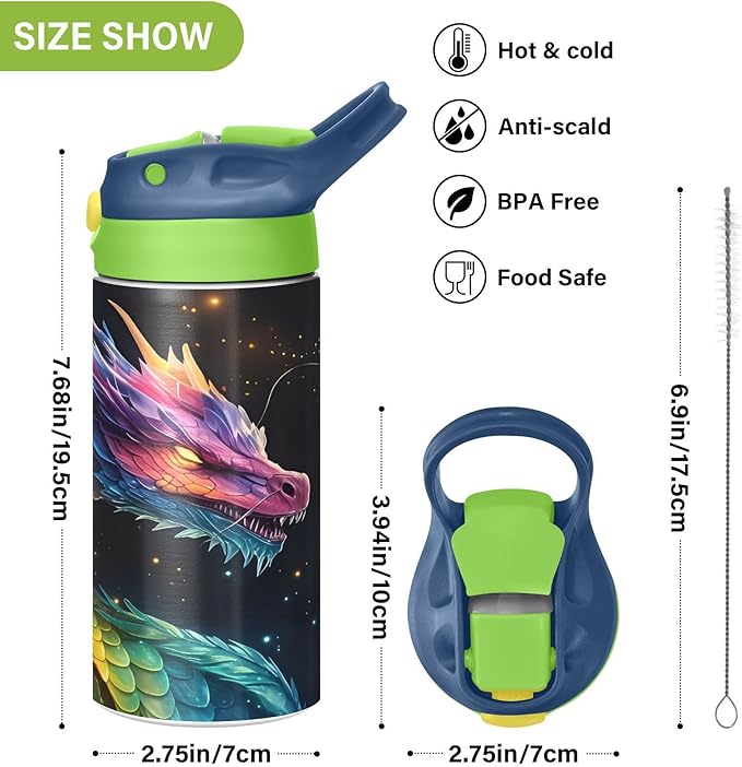 Dragon Galaxy Colorful Kids Water Bottle with Straw Lid Insulated Tumbler with Handle Stainless Steel Reusable Toddlers Cup for Kids Boys 12 oz - Bloomnest