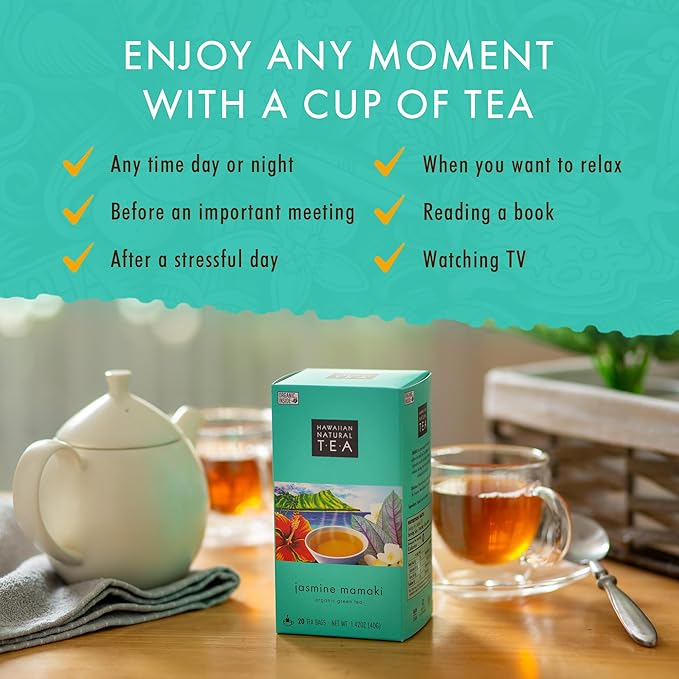 Hawaiian Natural Tea Organic Mamaki Jasmine Green Tea Blend - Antioxidant-Rich, Calming, Wellness Tea for Bedtime & Stress - Gift for Tea Lovers - 60 Tea Bags - Bloomnest