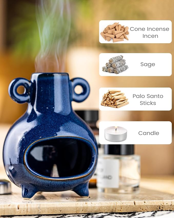 Handcrafted Palo Santo Holder, Incense Candle and Matchstick Mini Chiminea for Meditation Space, Wood Sticks and Bulk Incense, Blue