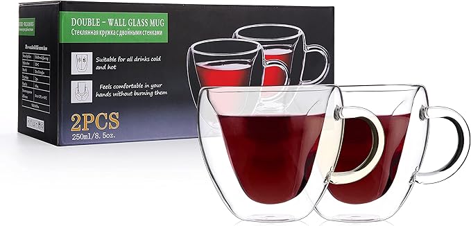 CNGLASS Mothers Day Gifts for Mom,Double Wall Heart Shaped Glass Coffee Mugs 8.5oz,Insulated Clear Tea Cups with Handle,Unique Glass Espresso Mugs for Coffee,Cappuccino,Latte,Milk,Set of 2 - Bloomnest