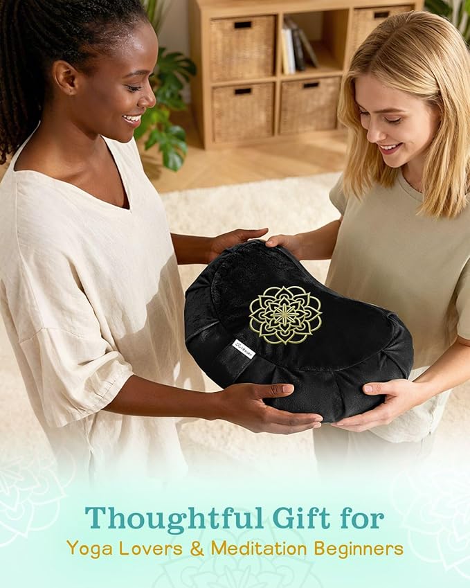 Premium Meditation Cushion - Comfortable Floor Pillow for Adult Traditional Crescent Meditation Pillow Yoga Buckwheat Bolster (Black) - Bloomnest