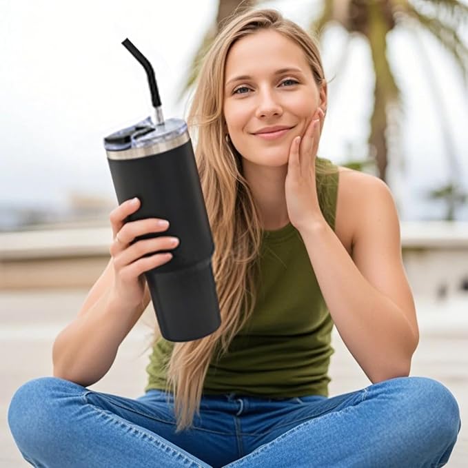 40 oz Tumbler with Handle and Straw Lid,Insulated Reusable Stainless Steel Water Bottle Travel Mug,Cupholder Friendly Double Wall Vacuum Sealed Cup (Black) - Bloomnest