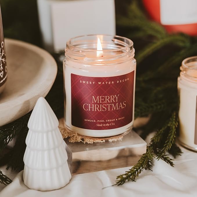 Sweet Water Decor Merry Christmas Scented Candles - Christmas Stocking Stuffers Soy Candles with Cypress & Lemon Scent - Christmas Candles with 40 Hours Burn Time - 9Oz Gold Lid Clear Jar Wax Candles - Bloomnest