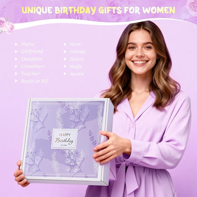 Birthday Gifts for Women, 13PCS Unique Happy Birthday Gifts Basket for Mom Her Best Friend Sister Wife Girlfriend Coworker Bestie, Luxury Self Care Box Relaxing Spa Gifts Set (Lavender) - Bloomnest