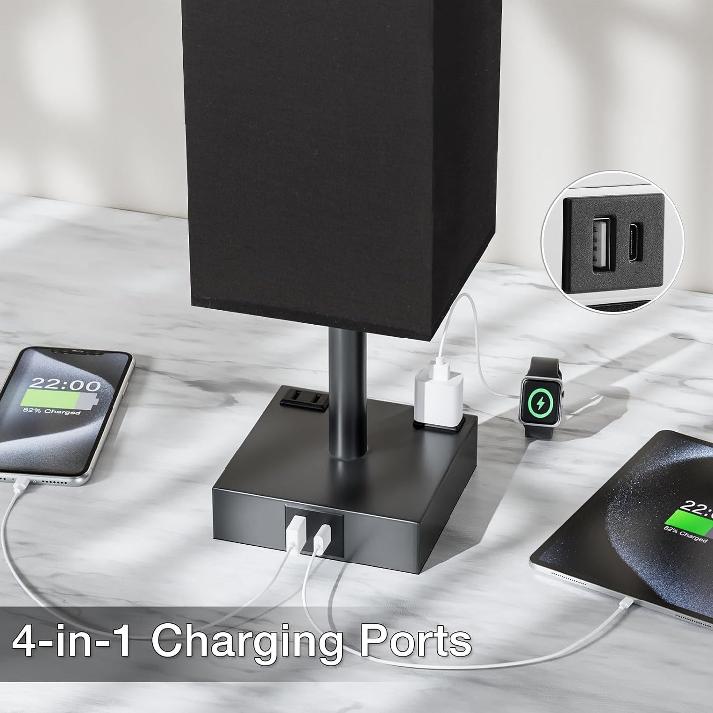 Touch Bedside Table Lamp for Nightstand - 3-Way Dimmable Night Lamp with USB A + Type C Charging Ports and Two AC Outlets, Small Desk Light with E26 LED Bulb for Bedroom Living Room Dorm Office,Black