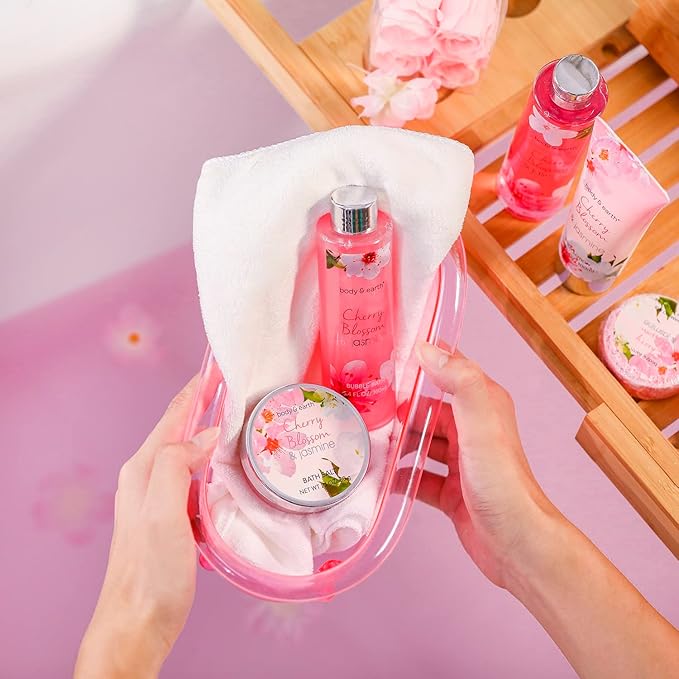 Body & Earth Gift Baskets for Women Bath and Body Set for Her, Cherry Blossom & Jasmine Spa Gifts for Women , Birthday, Mother's Day, Valentine's Day Gifts for Wife, Girlfriend, Mom - Bloomnest