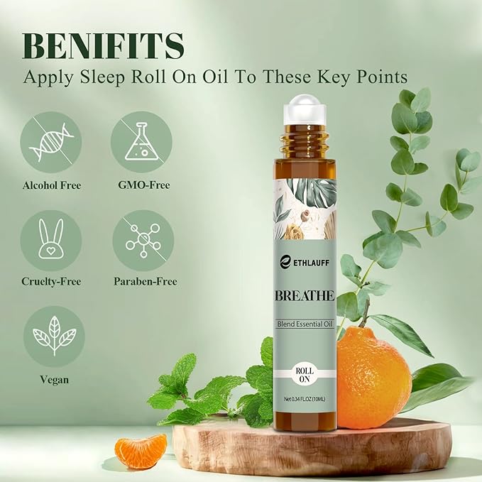 Breathe Essential Oil Blend 10 ml, Breath Easy Essential Oil Roll On, Natural Breathing Support for Sinus Relief, Headache - Bloomnest