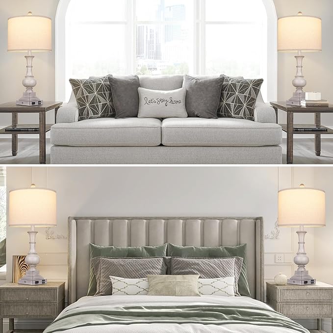 Farmhouse Lamps Set of 2, 26" Vintage Rustic Touch Control Bedside Lamp with USB A+C Ports & AC Outlet, 3-Way Dimmable Boho Nightstand Lamp Washed Resin Linen Fabric Shade for Living Room Bedroom Grey - Bloomnest